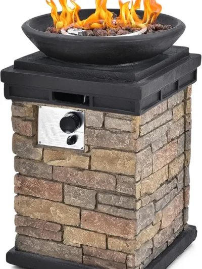 Propane Firebowl Column, 40,000 BTU Outdoor Gas Fire Pit, Compact Ledgestone Firepit Table with Lava Rocks and Rain Cover