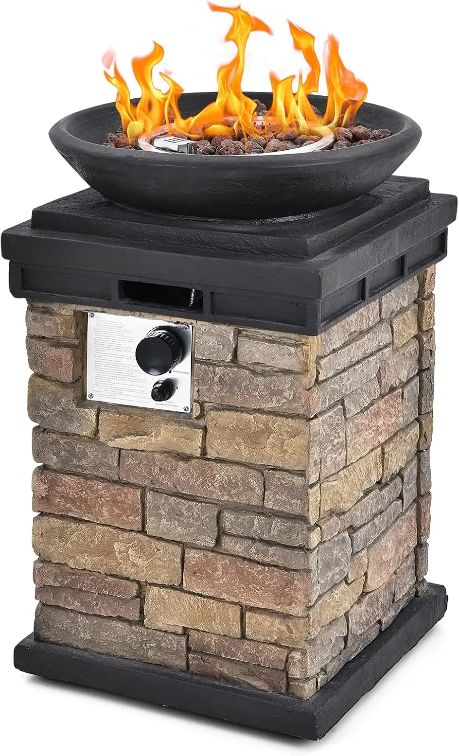 Propane Firebowl Column, 40,000 BTU Outdoor Gas Fire Pit, Compact Ledgestone Firepit Table with Lava Rocks and Rain Cover