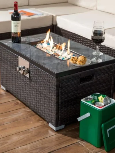 32 in Propane Fire Pit 50,000 BTU Outdoor Gas Fire Pit Table with Tempered Glass Tabletop and Rattan Wicker Base，Fire Table