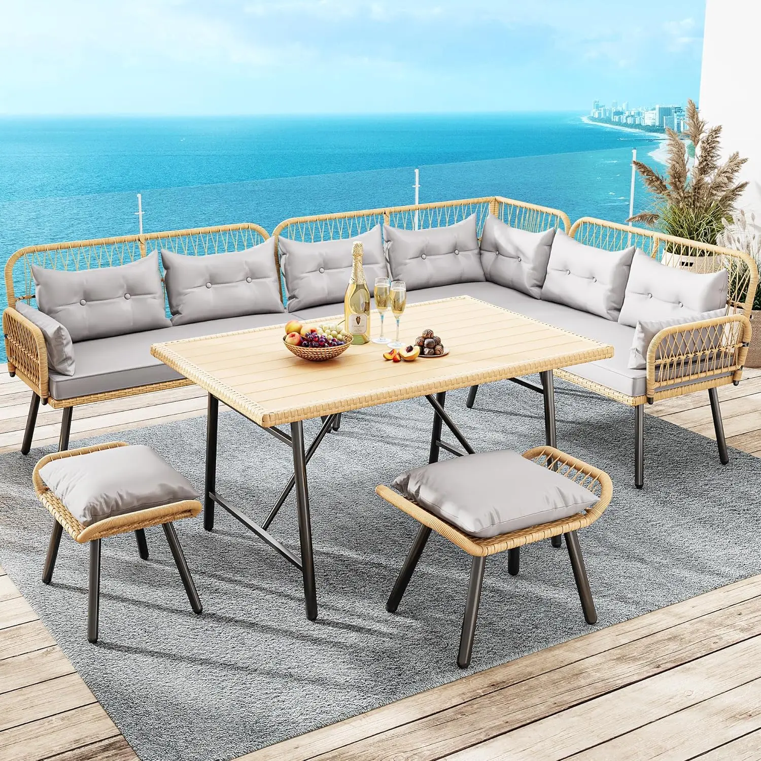 Patio Wicker L-Shaped Furniture Set, All-Weather Rattan Outdoor Conversation Sofa Set for Backyard Deck with Soft Cushions - Image 7