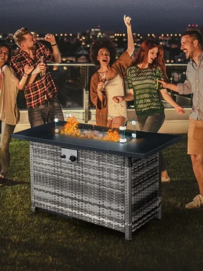 43 Inch Propane Fire Pit Table，50,000 BTU with Steel Lid, Lava Rock, Glass Wind Guard, Waterproof Cover, Gas Firepit Table