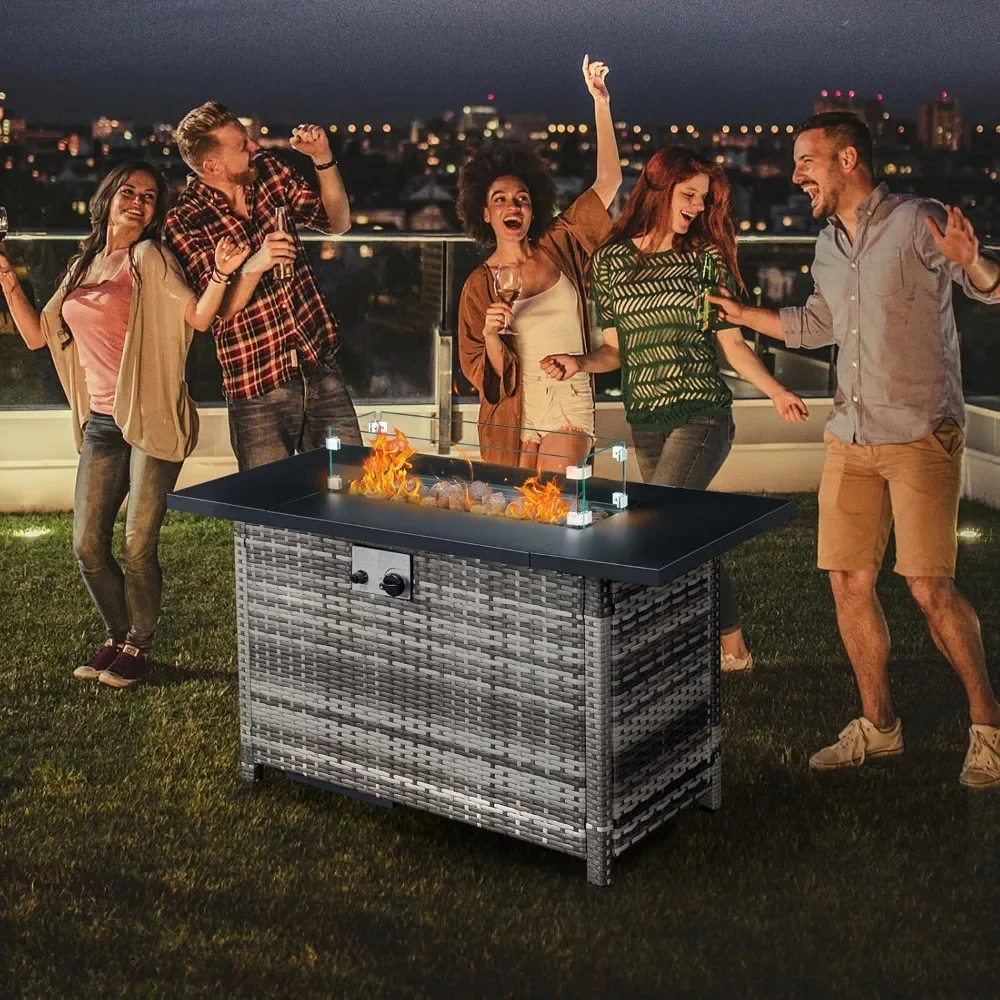43 Inch Propane Fire Pit Table,50,000 BTU with Steel Lid, Lava Rock, Glass Wind Guard, Waterproof Cover, Gas Firepit Table