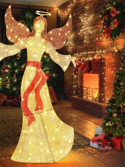 5FT Christmas Angel Outdoor Decorations, Large 3D Glittered Christmas Lighted Decor with 160 Warm LED Lights