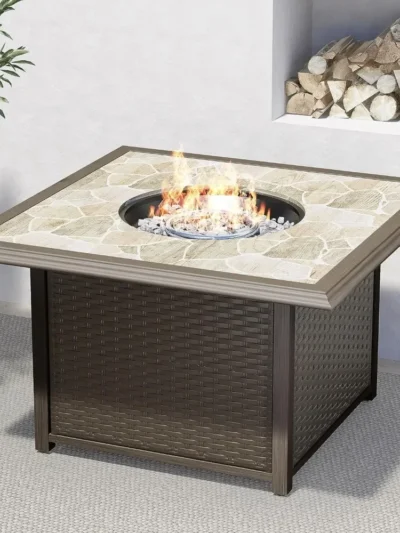 Propane Gas Fire Pit Table 41 Inch Wicker Base Marble-Texture Ceramic Tile Top Outdoor Square Fire Pit Outdoor Heating