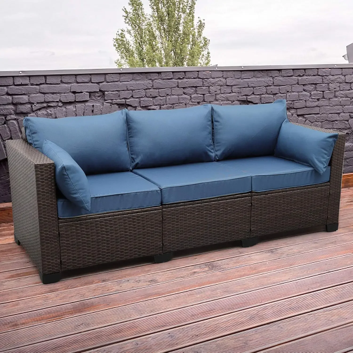 3-Seat Patio Wicker Sofa, Outdoor Rattan Couch Furniture Steel Frame with Furniture Cover and Deep Seat High Back Blue Anti-Slip - Image 4