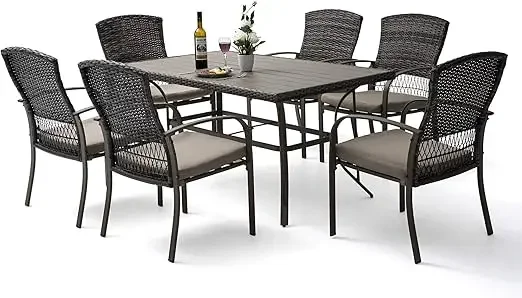 7 Piece Patio Dining Set,for Backyard Garden Deck Poolside/Iron Slats Table Top, Removable Cushions,Outdoor Wicker Furniture Set - Image 8