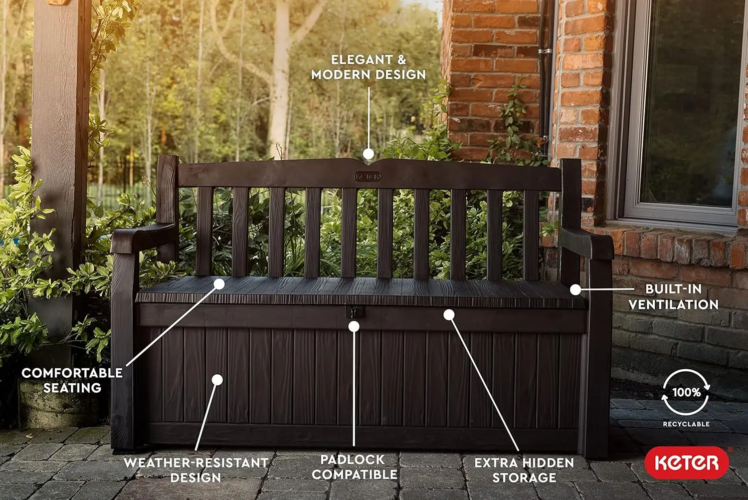 Solana 70 Gallon Storage Bench Deck Box for Patio Furniture, Front Porch Decor and Outdoor Seating – Perfect to Store Gard - Image 6