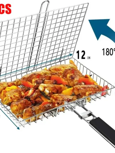 Portable Folding Stainless Steel Grill Basket with Handle for Fish Vegetables Shrimp