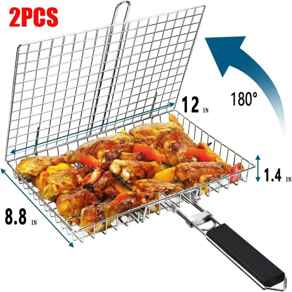 Portable Folding Stainless Steel Grill Basket with Handle for Fish Vegetables Shrimp