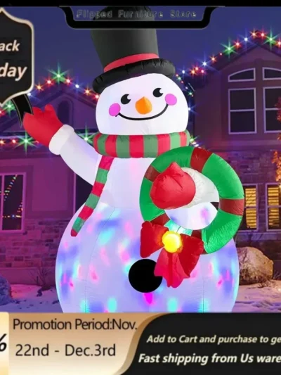 8FT Inflatable Snowman Holding Garland Blow Up Yard Decoration with Build-in Colorful LEDs.