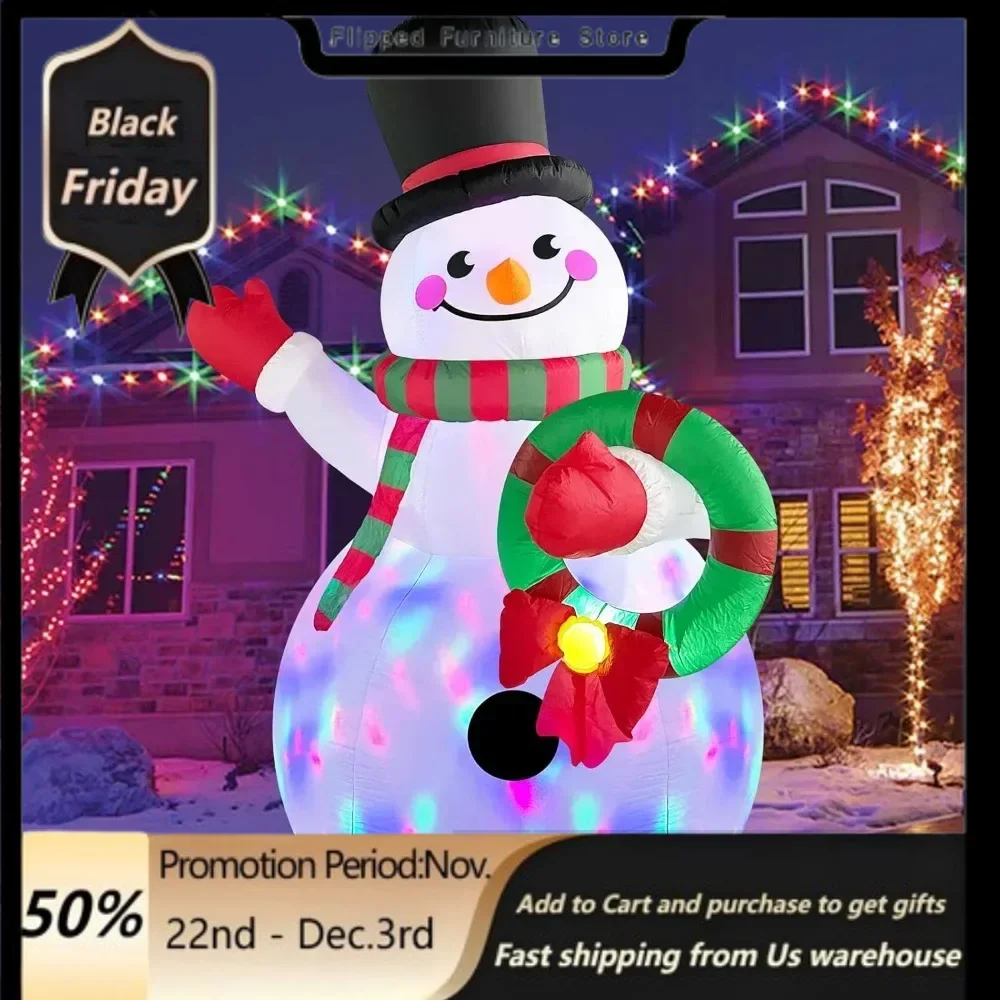 8FT Inflatable Snowman Holding Garland Blow Up Yard Decoration with Build-in Colorful LEDs.