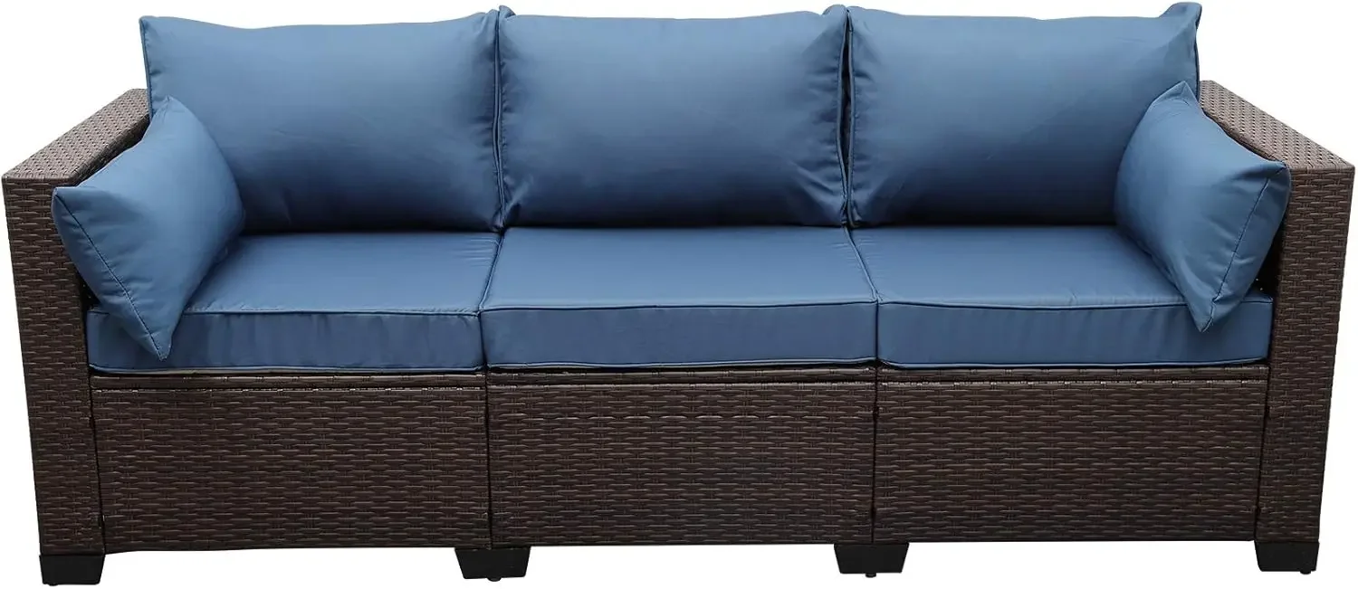 3-Seat Patio Wicker Sofa, Outdoor Rattan Couch Furniture Steel Frame with Furniture Cover and Deep Seat High Back Blue Anti-Slip - Image 2