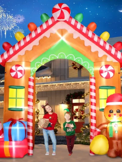 9 FT Christmas Inflatable Archway Outdoor Decorations, Gingerbread House Arch Blow Up Yard Decoration with Colorful Gifts
