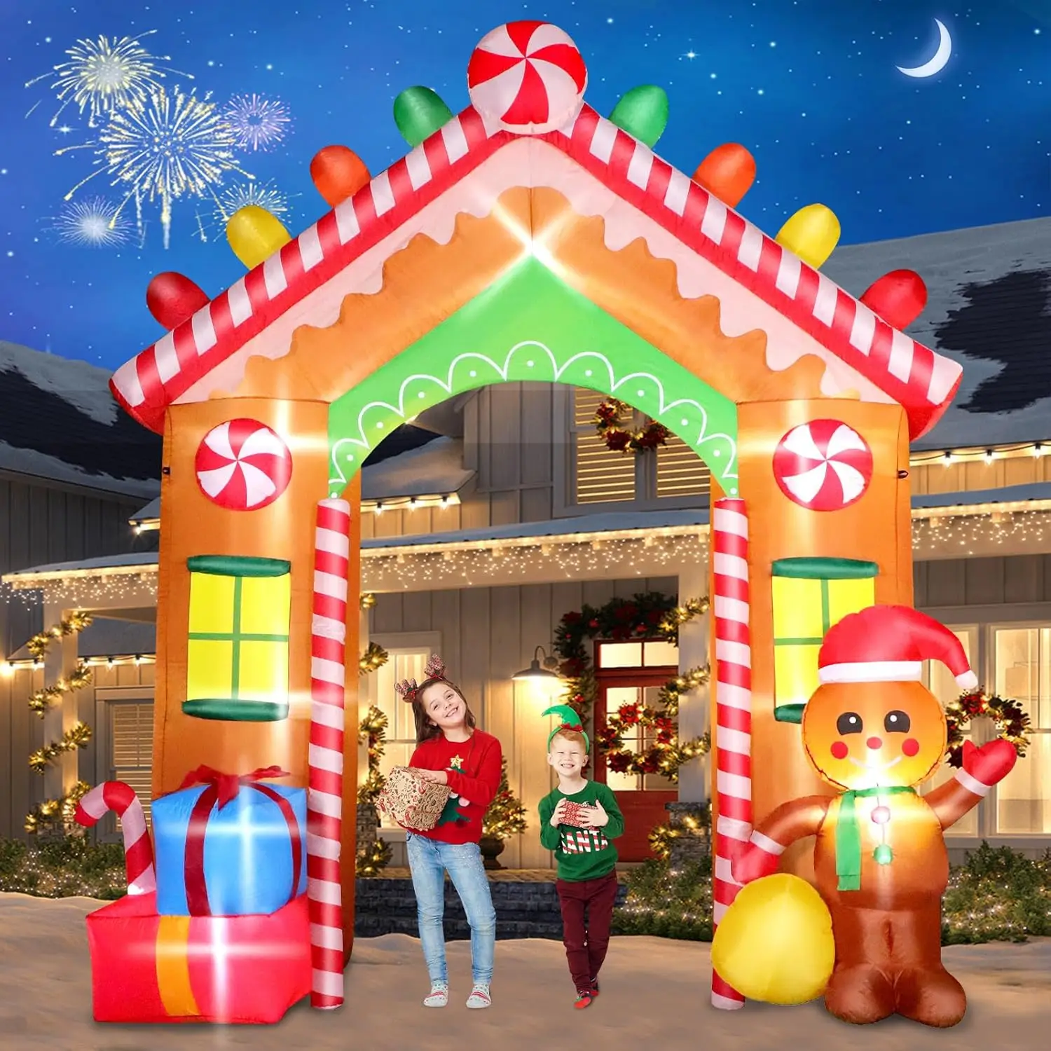 9 FT Christmas Inflatable Archway Outdoor Decorations, Gingerbread House Arch Blow Up Yard Decoration with Colorful Gifts