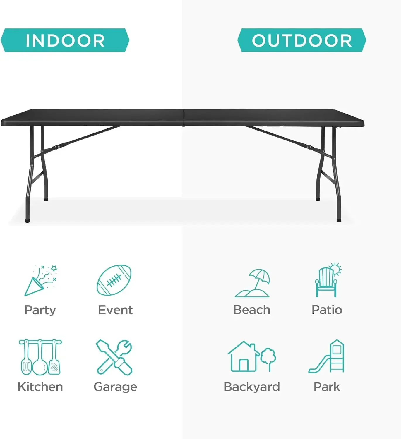 8ft Plastic Folding Table, Indoor Outdoor Heavy Duty Portable w/Handle, Lock for Picnic, Party, Pong, Camping - Black - Image 4
