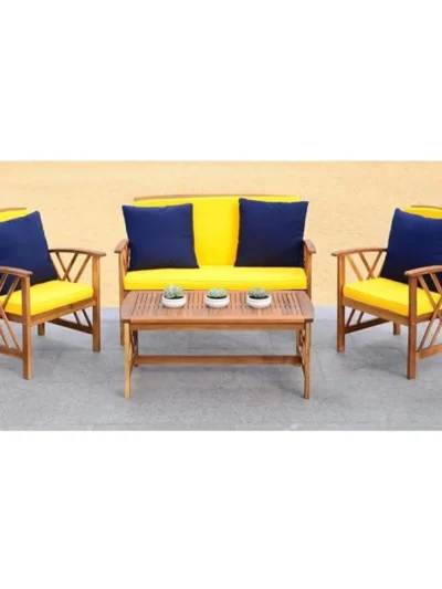 Outdoor Collection Fontana Natural/ Yellow Cushions/ Navy Pillows 4-Piece Conversation Patio Set