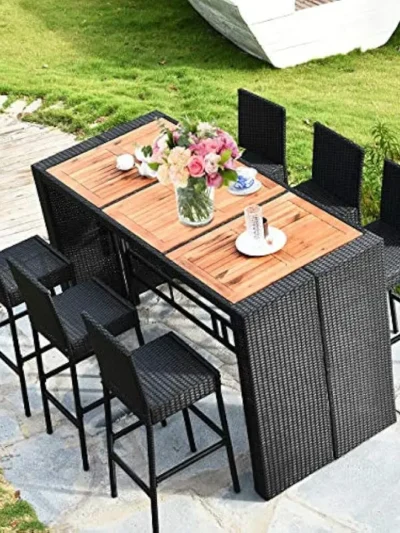 7 PCS Outdoor Wicker Furniture with Acacia Wood Bar Table Top and Removable Cushion, Conversation Set for Dining, Patios