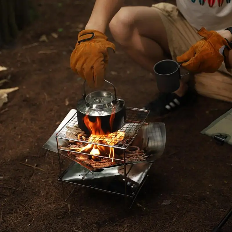 Camping Folding Campfire Charcoal BBQ Grill Stainless Steel Barbecue Net Card Type Firewood Stoves Mini BBQ Rack Camping Stove - Image 4
