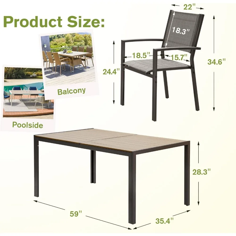 7 Pieces Patio Dining Set Outdoor Furniture with 6 Stackable Textilene Chairs and Large Table for Yard, Garden - Image 6