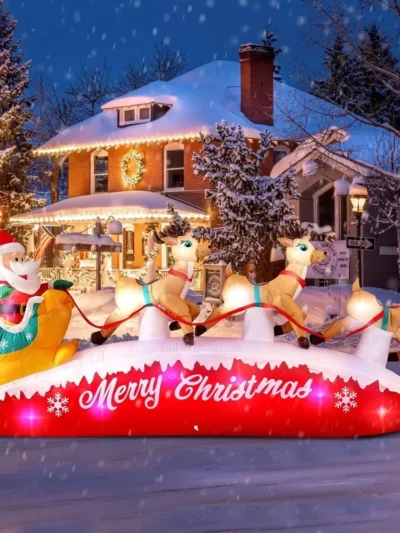 10FT Long Christmas Inflatables Santa Claus with Reindeer Sleigh Outdoor Decorations, Build-in Rotating Colorful LEDs