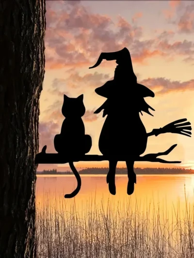 1pc Iron Silhouette Cute Witch And Cat Garden Stake On The Branch Yard Art Decor, Tree Stump Plug-in, For Garden Lawn Courtyard