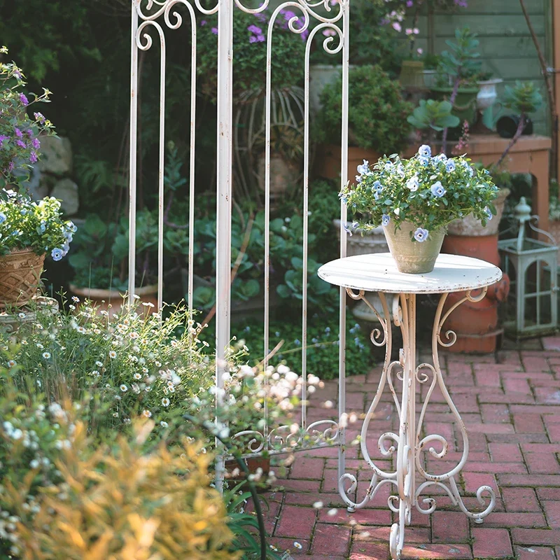 Outdoor Metal Iron Round Side Table Vintage White Finish Rustic Garden Table Decorative Balcony Accent Patio Side Table