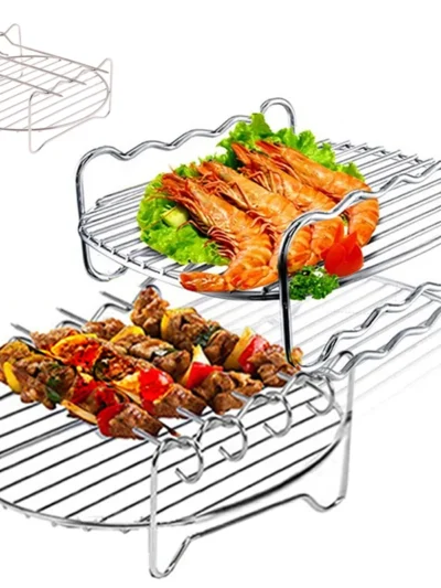 Stainless Steel Grill Baking Pan Skewers Air Fryer Holder Grill Double Barbecue Baking Pan Replacement BBQ Kitchen Tools