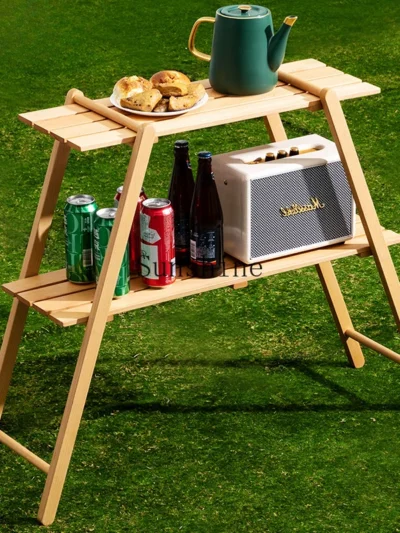 Outdoor solid wood rack Double-layer camping barbecue picnic storage Multi-layer portable folding table