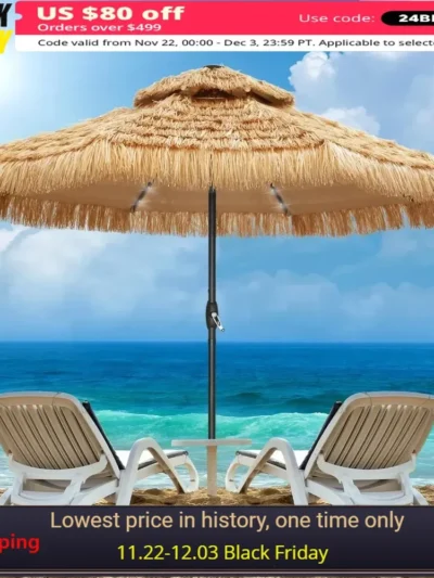 Patio Umbrella with 32 LED, Hula Thatched Tiki Umbrella, Hawaiian Style Beach Umbrella, 9 FT Patio Umbrella