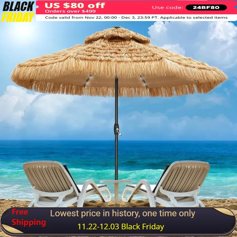 Patio Umbrella with 32 LED, Hula Thatched Tiki Umbrella, Hawaiian Style Beach Umbrella, 9 FT Patio Umbrella