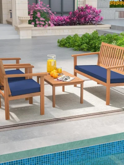 4 Piece Patio Wood Furniture Set, Acacia Wood Sofa Set w/Loveseat, 2 Chairs & Coffee Table, Soft Seat Cushions, Outdoor Wood