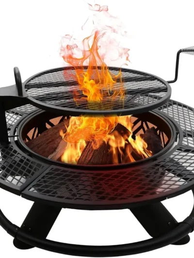 47"Fire Pit with Adjustable Grill, Outdoor Fireplaces, Large Wood Burning Patio Fire Pits for Outside,Black Oversized table legs