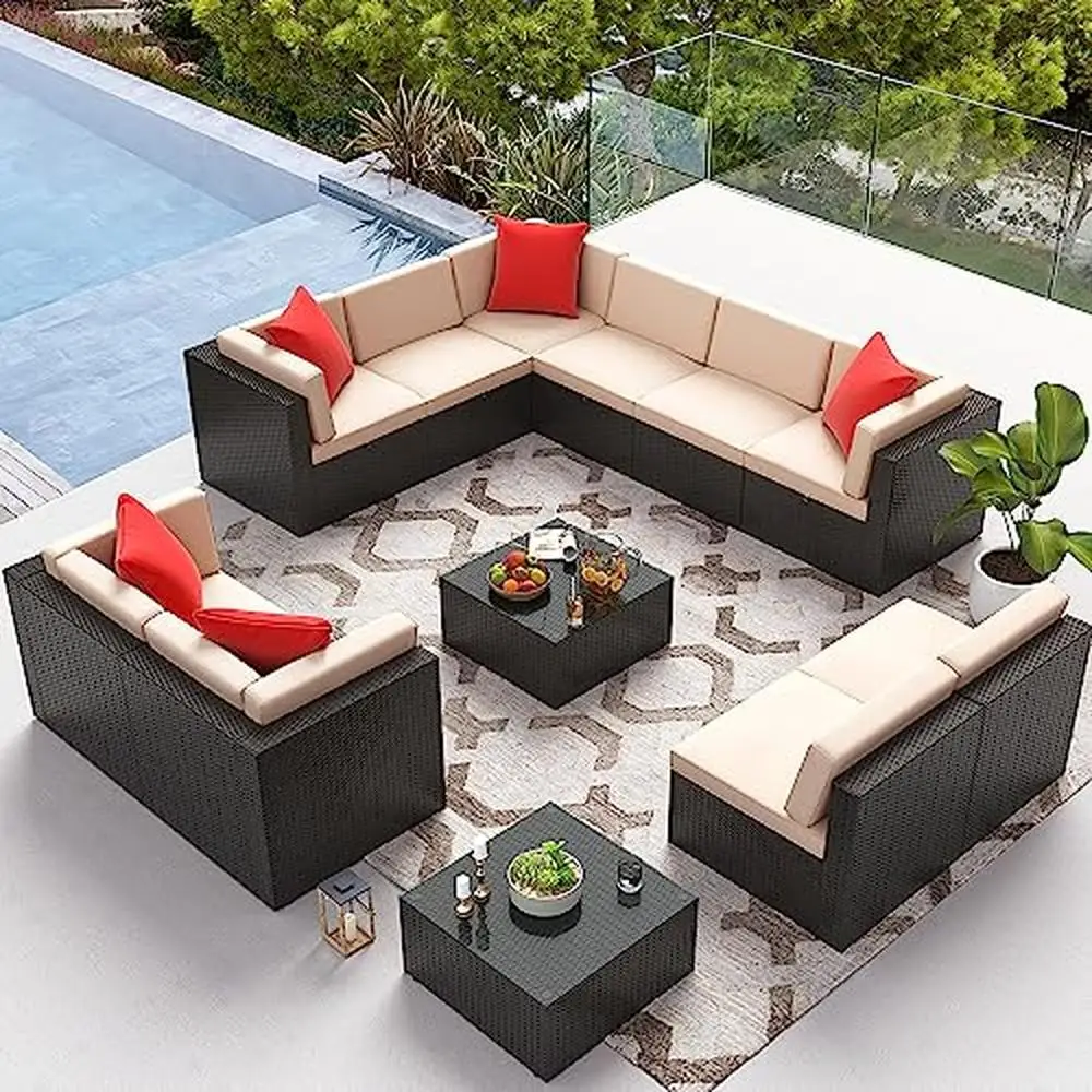 Outdoor Patio Furniture Set 12-Piece Rattan Sectional Sofa with Thick Cushions and Glass Table Beige