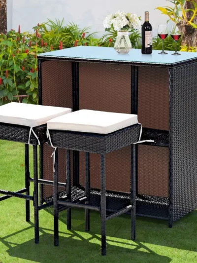 3 Pieces Rattan Patio Bar Table & Stool Set, Patio Furniture Set for Lawn Pool BackyardFront Porch, Dining Set w/Cushion, Beige