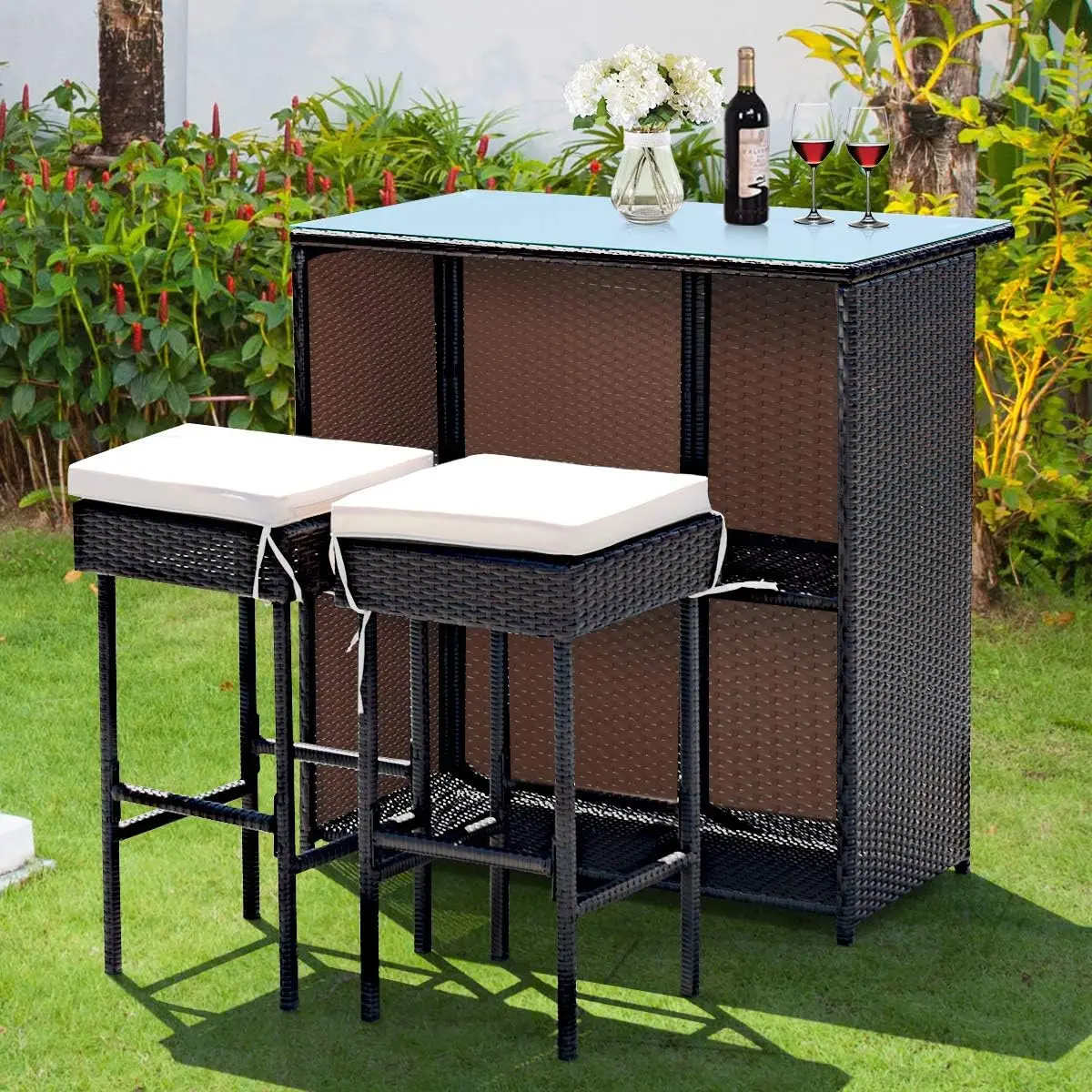 3 Pieces Rattan Patio Bar Table & Stool Set, Patio Furniture Set for Lawn Pool BackyardFront Porch, Dining Set w/Cushion, Beige