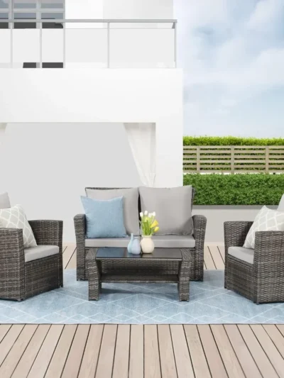 Wicker Conversation Set for Porch Deck Camping Gray Rattan Sofa Chair With Cushion Igt Camping Table Patio Furniture Outdoor Set