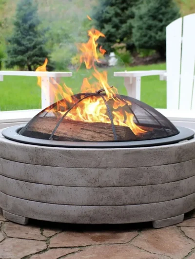 35-Inch Faux Stone Fire Pit Bowl with Handles - Includes Spark Screen - Wood Burning