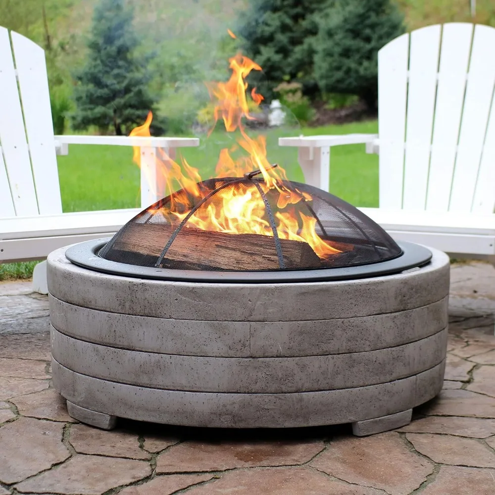 35-Inch Faux Stone Fire Pit Bowl with Handles - Includes Spark Screen - Wood Burning