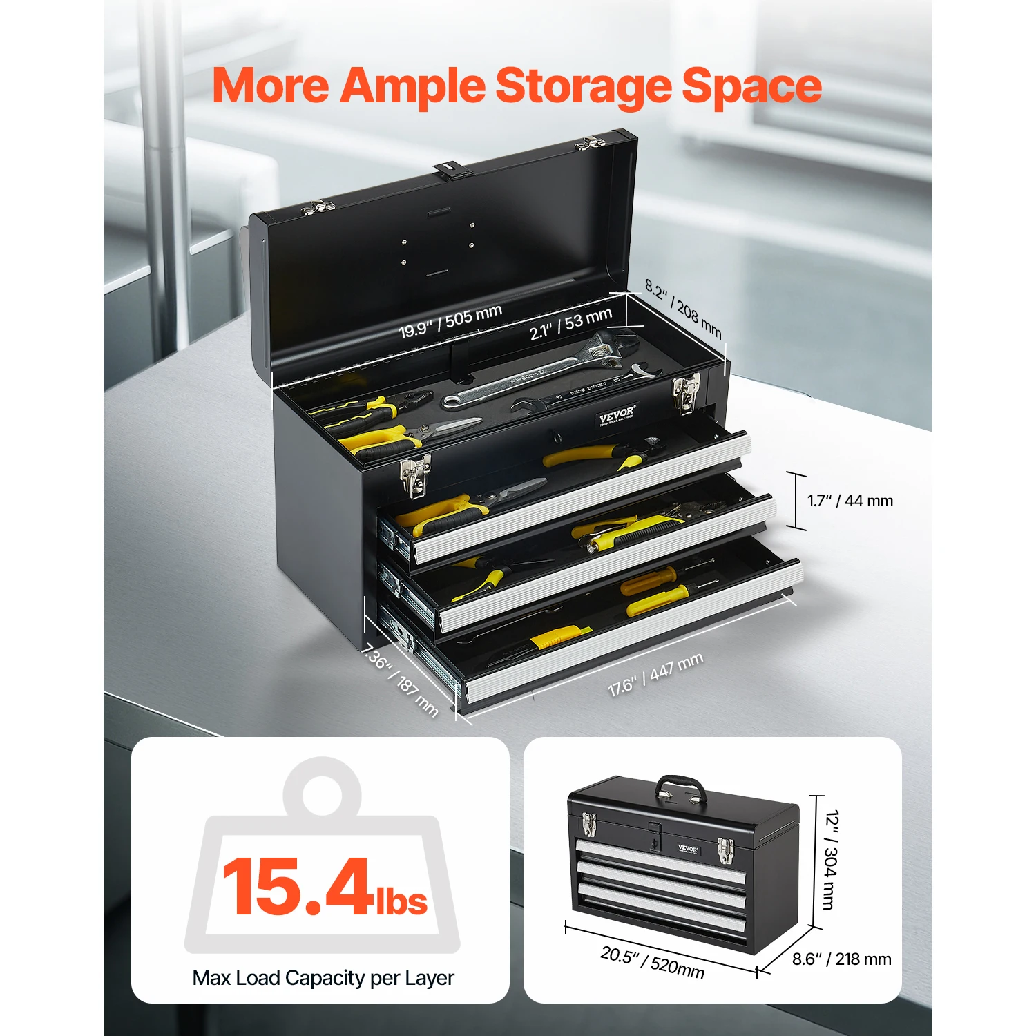 VEVOR 20in 3-Drawer Metal Tool Box Small Black/Red Tool Chest with EVA Liners - Image 2