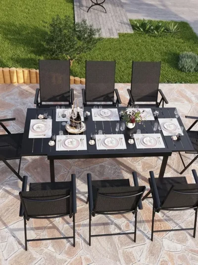 Outdoor Dining Set with Patio Table and Chairs Set of 8, Patio Dining Furniture Set with Adjustable Foldable Patio Chairs