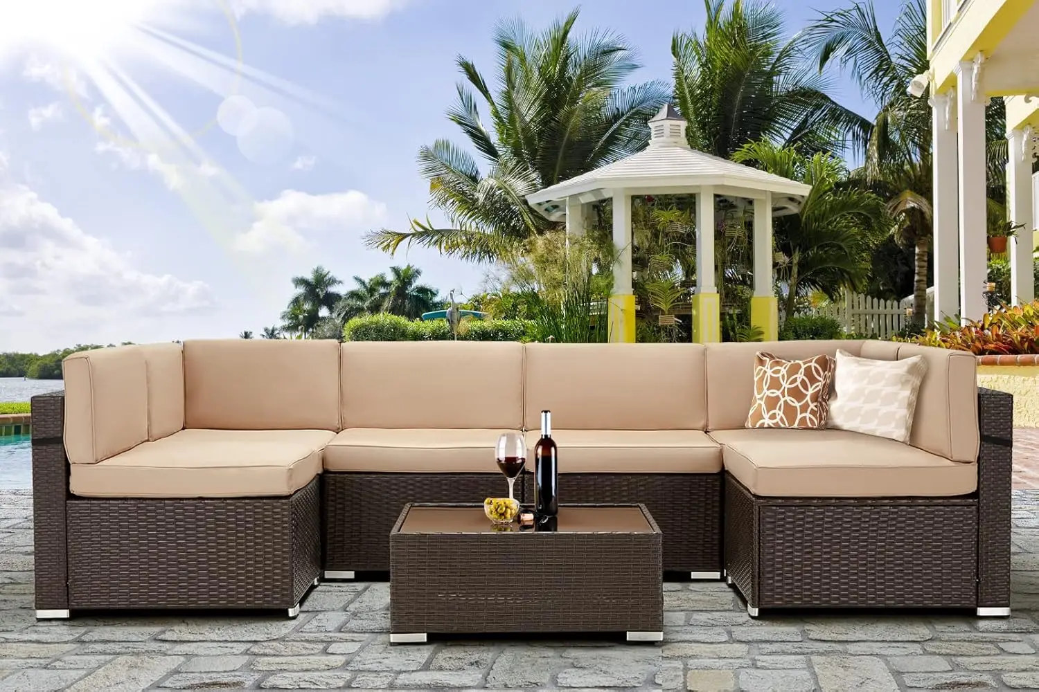 7 Piece Outdoor Patio Furniture Set, PE Rattan Wicker Sofa Set, Outdoor Sectional Furniture Chair Set with Cushions