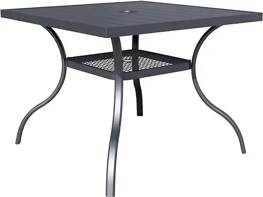 Patio Dining Table, Rectangle Metal Steel Slat Table, with Umbrella Hole, for Backyards, Porches, Garden - Image 8