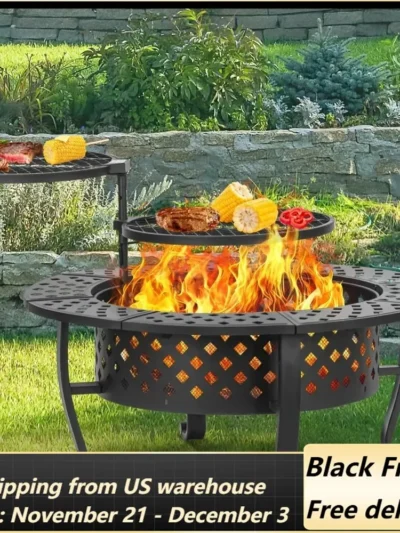 42 Inch Fire Pit with 2 BBQ Grills, Wood Burning Fire Pits for Outside with Lid Fire Poker, BBQ Outdoor Firepit Round Metal