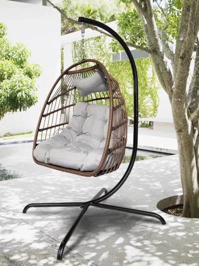 Swing Egg Chair with Stand Indoor Outdoor Wicker Rattan Patio Basket Hanging Chair with C Type bracket