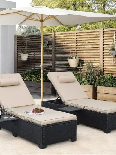 Outdoor PE Wicker Chaise Lounge Chairs Set of 2 Patio Black Rattan Reclining Chair Adjustable Backrest with Furniture Cover