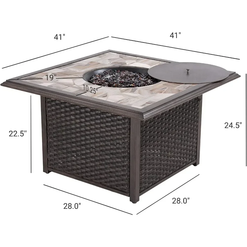 Propane Gas Fire Pit Table 41 Inch Wicker Base Marble-Texture Ceramic Tile Top Outdoor Square Fire Pit Outdoor Heating - Image 2