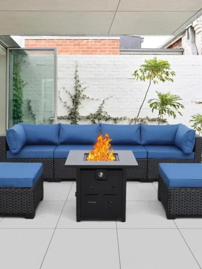 Outdoor Patio Furniture 8 Piece Set with Fire Pit Table, PE Rattan Couch Conversation Sets with Cushion, Outdoor Furniture Set