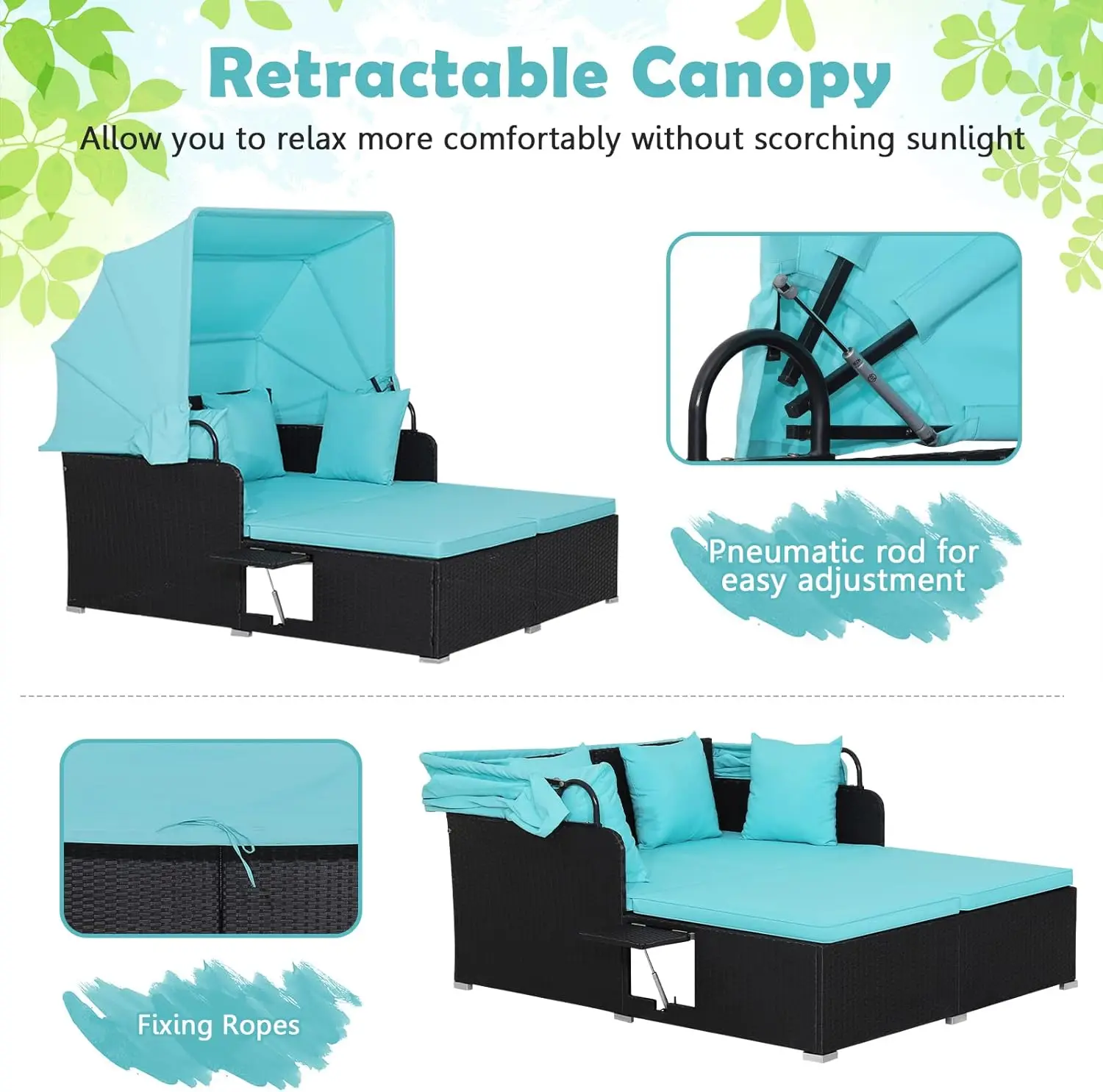 Tangkula Patio Rattan Daybed with Retractable Canopy, Patiojoy Wicker Sun Lounger with 2 Foldable Side Panels, Thick Seat & Back - Image 2