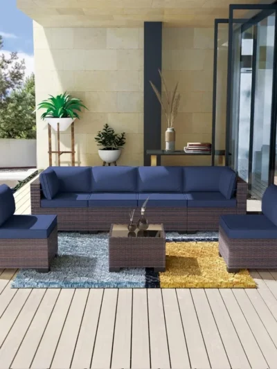7 Pieces Outdoor Patio Furniture Set Rattan Sofa Manual Wicker Patio Set with Cushions Glass Tea Table and Cushions Covers