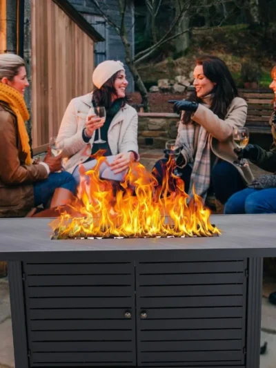 57" Propane Fire Pit Table，50000BTU Outdoor Gas Fire Pits with Rain Cover, Sturdy Steel & Iron Fence Surface, Fire Pit Table